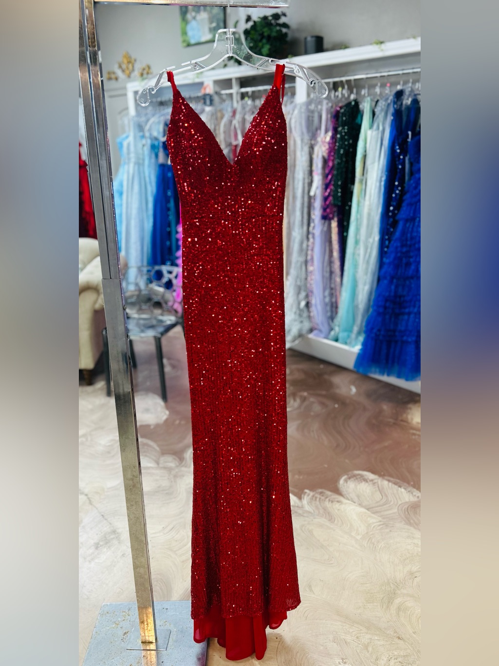 Portia And Scarlett Red Sequin V-Neck Prom Gown
